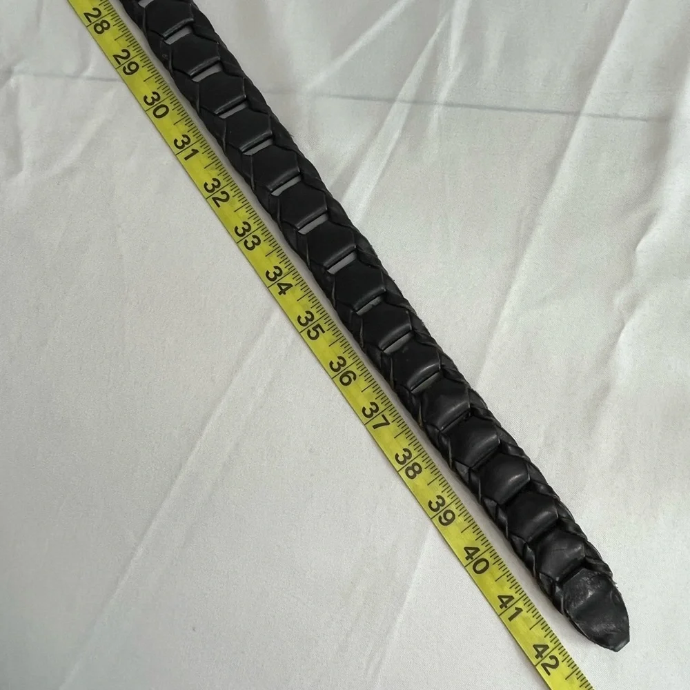 Woven Brown Leather Belt, Size 34, Silver Buckle